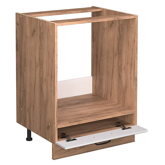 Vicco Schrankküche Fame-Line Weiß Landhaus, AP Marmor - Weiß Landhaus, Herdumbauschrank 60 cm, AP Marmor - Holzmaserung Unterschrank für Einbaugerät mit weißer Klappe und verstellbaren Füßen.
