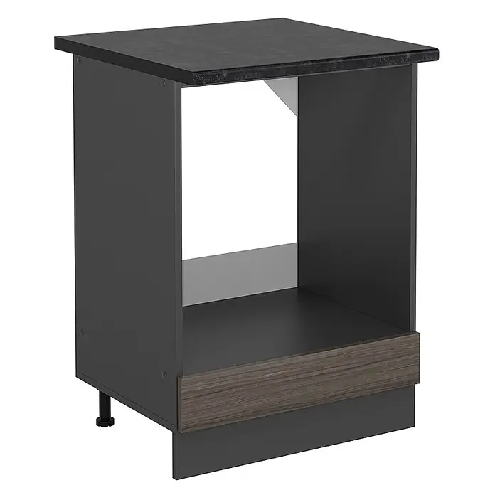Vicco Schrankküche R-Line Edelgrau, AP Anthrazit - Edelgrau, Herdumbauschrank 60 cm, AP Anthrazit - Dunkelgrauer Küchenunterschrank mit offenem Fach für Backofen, dunkler Arbeitsplatte und Holzdekor-Sockelblende.
