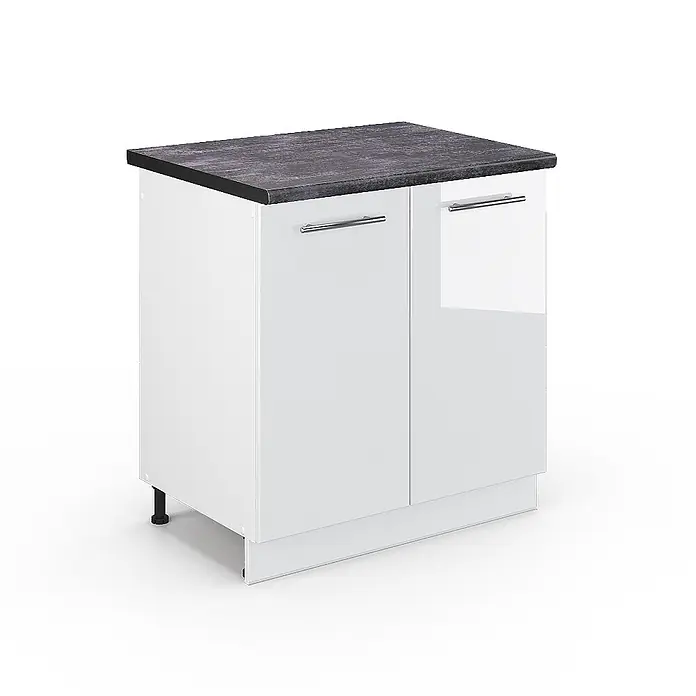 Vicco Schrankküche Fame-Line Weiß Hochglanz, AP Anthrazit - Weiß Hochglanz, Spülenunterschrank 80 cm, AP Anthrazit - Weißer Küchenunterschrank mit zwei Türen, silbernen Griffen und dunkler Arbeitsplatte in Steinoptik.