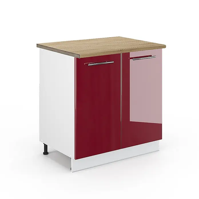 Vicco Schrankküche Fame-Line Bordeaux Hochglanz mit Regal, AP Eiche - Bordeaux Hochglanz, Unterschrank 80 cm - Rot-weißer Küchenunterschrank mit Holzplatte und zwei glänzenden roten Türen.