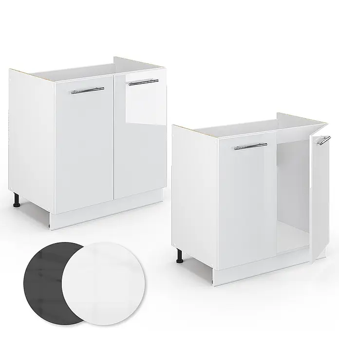 Vicco Schrankküche Fame-Line Weiß Hochglanz, AP Anthrazit - Weiß Hochglanz, Spülenunterschrank 80 cm, AP Anthrazit - Zwei weiße Küchenunterschränke, einer offen, einer geschlossen, mit silbernen Griffen. Schwarze und weiße Farbmuster.