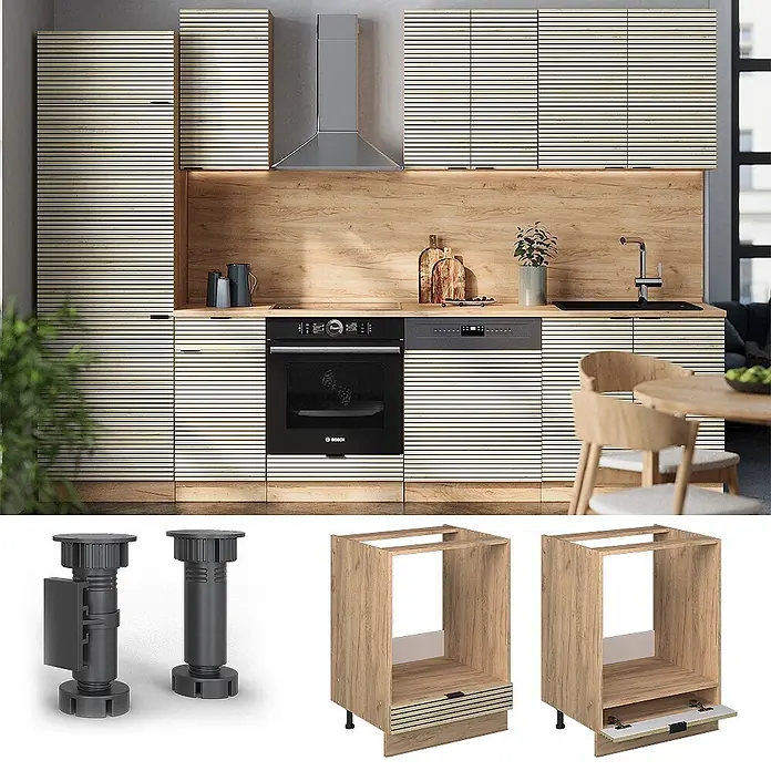 Vicco Schrankküche Fame-Line Eiche Paneel ohne Arbeitsplatte - Eiche Paneel, Herdumbauschrank 60 cm - Moderne Küche mit hellen, horizontal lamellierten Fronten, integrierten Geräten und Holzakzenten.