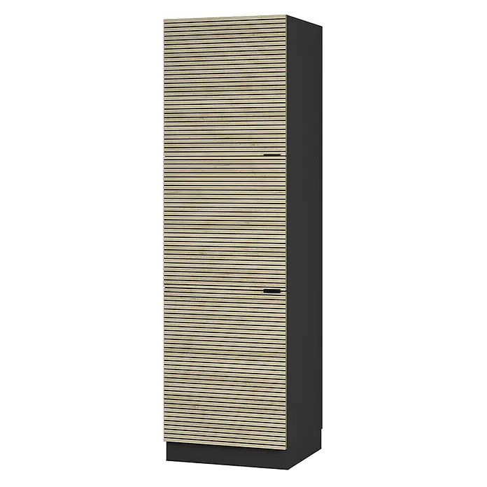 Vicco Schrankküche Fame-Line Eiche Paneel - Eiche Paneel, Herdumbauschrank hoch 60 cm - Hoher zweitüriger Schrank mit heller Holzlamellenfront, dunkelgrauem Rahmen und integrierten schwarzen Griffen.