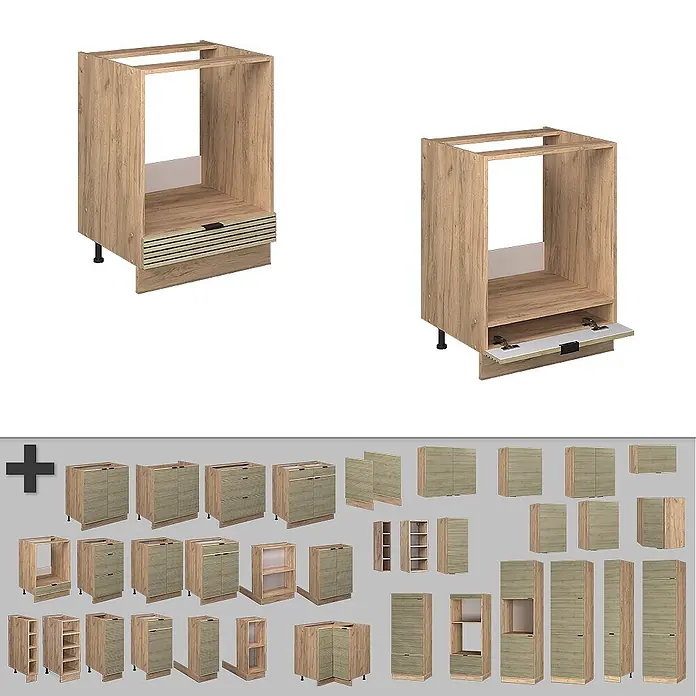 Vicco Schrankküche Fame-Line Eiche Paneel ohne Arbeitsplatte - Eiche Paneel, Herdumbauschrank 60 cm - Helle Küchenschränke in Holzoptik, darunter Geräteumbauten, Schubladen, Türen und Regale in verschiedenen Konfigurationen.