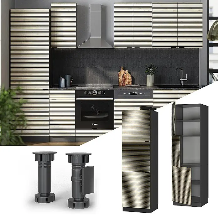 Vicco Schrankküche Fame-Line Eiche Paneel - Eiche Paneel, Herdumbauschrank hoch 60 cm - Küche mit hellen Holzlamellenschränken und schwarzen Geräten. Dunkle verstellbare Schrankfüße und ein passender hoher Schrank.