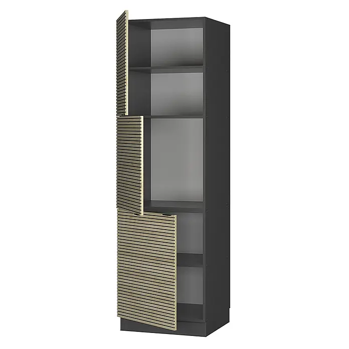 Vicco Schrankküche Fame-Line Eiche Paneel - Eiche Paneel, Herdumbauschrank hoch 60 cm - Hoher dunkelgrauer Schrank mit hellen Lamellentüren, teilweise geöffnet, Regale zeigend.