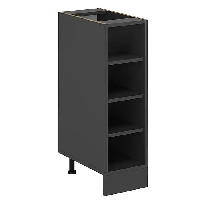 Vicco Schrankküche R-Line Anthrazit ohne Arbeitsplatte - Anthrazit, Regalunterschrank 25 cm - Dunkelgrauer offener Unterschrank mit vier Fächern, verstellbaren Füßen und einem Sockelteil.