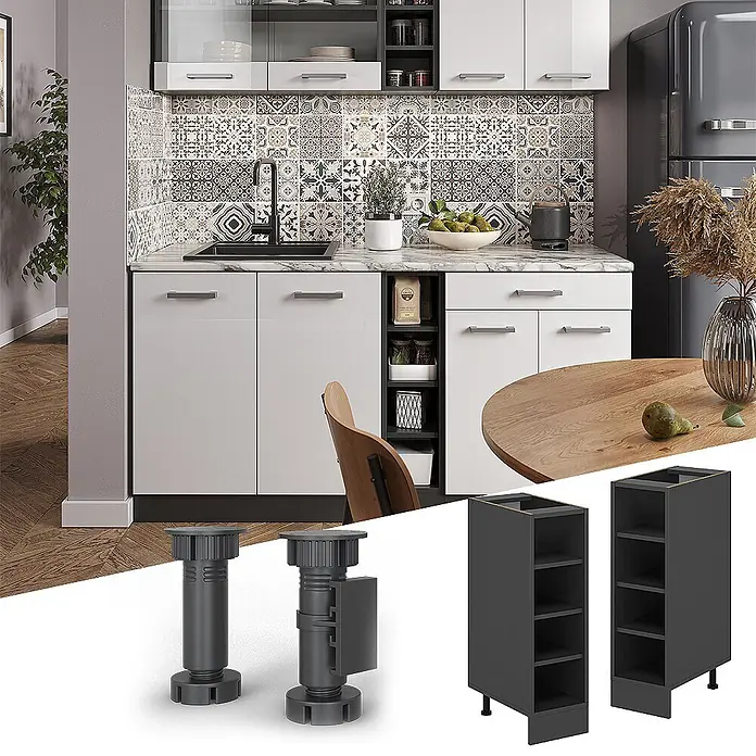Vicco Schrankküche R-Line Anthrazit ohne Arbeitsplatte - Anthrazit, Regalunterschrank 25 cm - Verstellbare dunkelgraue Kunststoff-Schrankfüße und zwei dunkelgraue offene Unterschränke für Küchenmöbel.