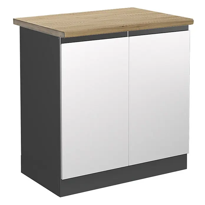 Vicco Spülenunterschrank R-Line, Weiß, 80 cm -  - Zweitüriger Schrank mit heller Holzplatte, dunkelgrauem Korpus und weißen Türen.