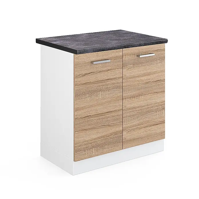 Vicco Schrankküche R-Line Sonoma, AP Anthrazit - Sonoma, Spülenunterschrank 80 cm - Zweitüriger Unterschrank mit hellen Holzfronten, weißen Seiten, dunkelgrauer Arbeitsplatte und weißem Sockel.
