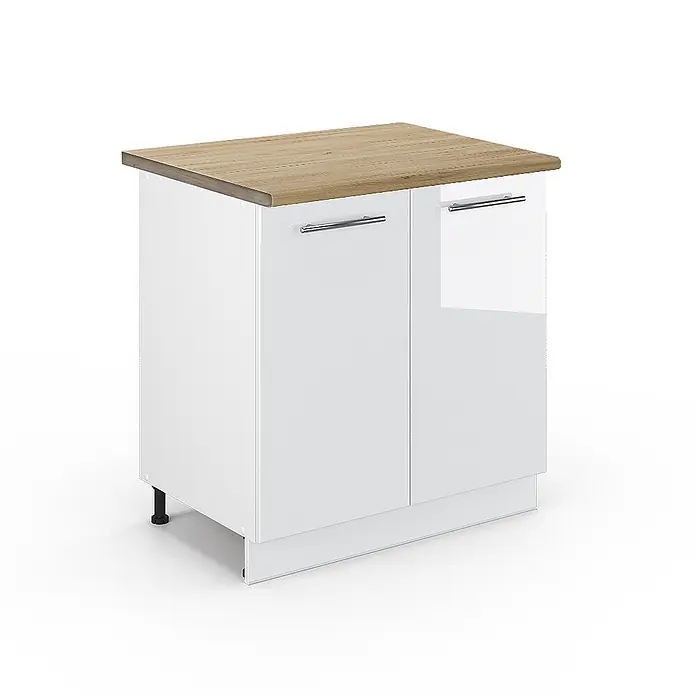 Vicco Schrankküche Fame-Line Weiß Hochglanz mit Regal, AP Eiche - Weiß Hochglanz, Unterschrank 80 cm, AP Eiche - Weißer Hochglanz-Unterschrank mit zwei Türen, heller Holzoptik-Arbeitsplatte und Chromgriffen.