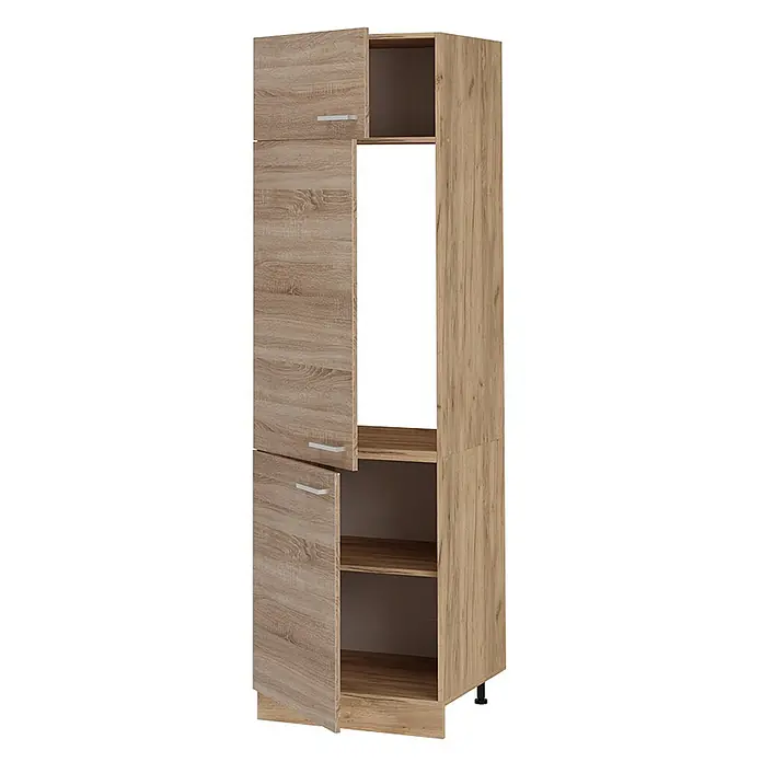 Vicco Schrankküche R-Line Sonoma - Sonoma, Kühlumbauschrank 60 cm - Heller Holz-Effekt Hochschrank mit offenen und geschlossenen Fächern und zentraler Geräteaussparung.