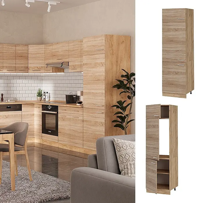 Vicco Schrankküche R-Line Sonoma - Sonoma, Kühlumbauschrank 60 cm - Moderne Küchenmöbel in heller Eichenoptik, bestehend aus Unter-, Ober- und Hochschränken, inklusive Speisekammer und Geräteschrank.