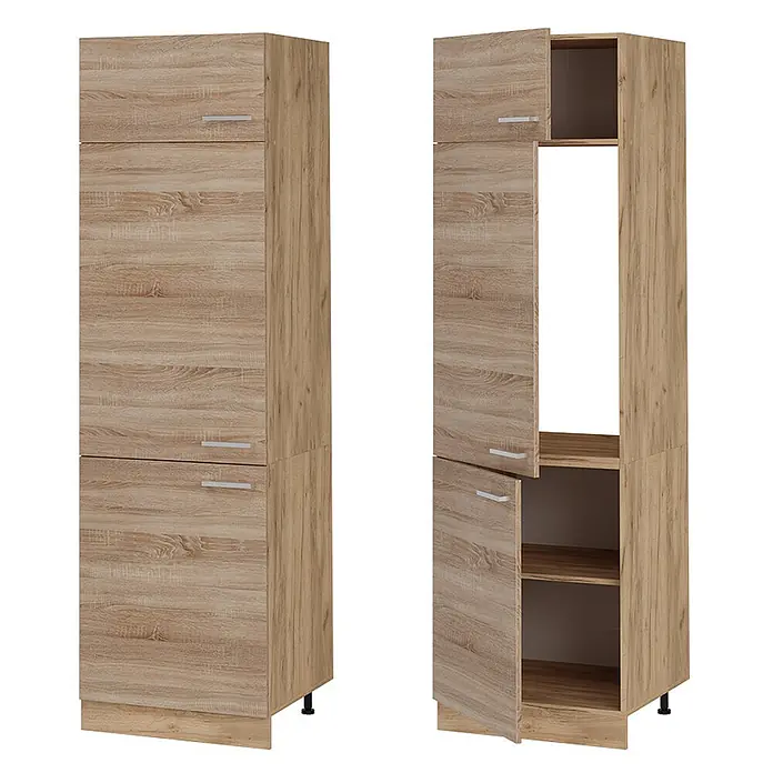 Vicco Schrankküche R-Line Sonoma - Sonoma, Kühlumbauschrank 60 cm - Hoher Eichenholz-Effekt-Aufbewahrungsschrank, geschlossen und offen mit Innenfächern dargestellt.