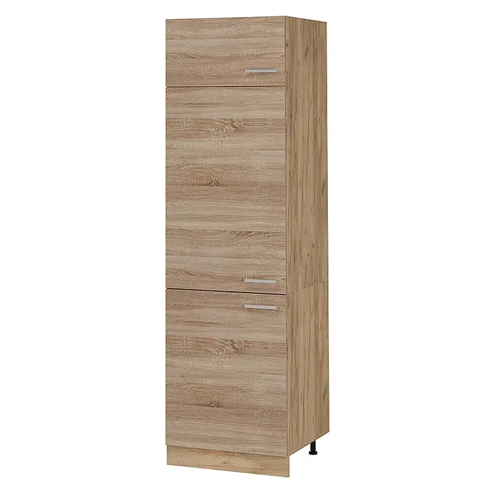 Vicco Schrankküche R-Line Sonoma - Sonoma, Kühlumbauschrank 60 cm - Hoher, schmaler Schrank in heller Holzoptik mit zwei Türen, silbernen Griffen und Sockel.