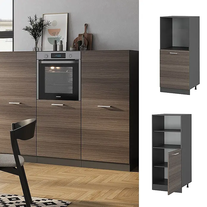 Vicco Schrankküche R-Line Edelgrau - Edelgrau, Backofenumbauschrank 60 cm (halb) - Moderne Küchenschränke in dunkler Holzoptik mit silbernen Griffen, integriertem Backofen, grauen Sockeln und modularer Lagerung.