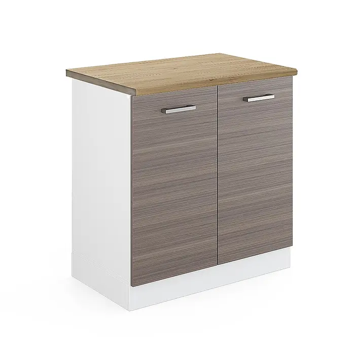 Vicco Schrankküche R-Line Edelgrau, AP Eiche - Edelgrau, Spülenunterschrank 80 cm - Zweitüriger Schrank mit heller Holzplatte, weißem Rahmen und grauen Holzmaserungstüren mit silbernen Griffen.