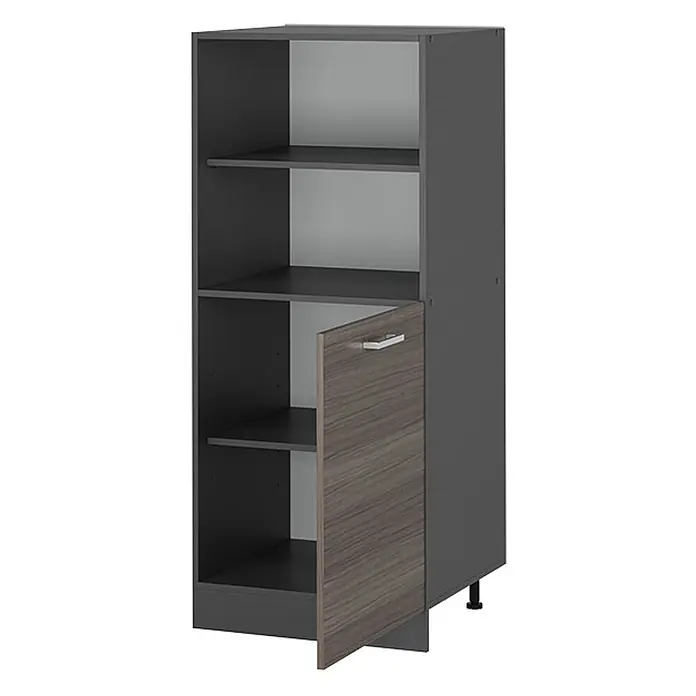 Vicco Schrankküche R-Line Edelgrau - Edelgrau, Backofenumbauschrank 60 cm (halb) - Hoher, dunkelgrauer Schrank mit hellgrauer Rückwand, offenen Regalen und holzgemaserter Tür mit Griff.