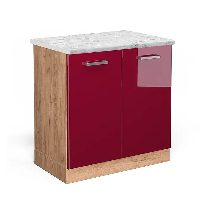 Vicco Schrankküche R-Line Rot Hochglanz AP Marmor - Rot Hochglanz, Spülenunterschrank 80 cm, AP Marmor - Roter und holzfarbener Schrank mit zwei glänzenden Türen und einer weißen Marmor-Effektplatte.