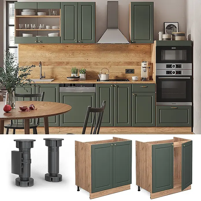 Vicco Schrankküche Fame-Line Grün-Gold Landhaus ohne Arbeitsplatte - Grün-Gold Landhaus, Spülenunterschrank 80 cm - Modulare grüne Küchenschränke mit Holzelementen, verstellbare Füße und Schrankskelett mit grünen Türen.