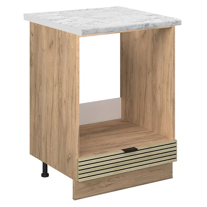 Vicco Schrankküche Fame-Line Eiche Paneel, AP Marmor - Eiche Paneel, Herdumbauschrank 60 cm, AP Marmor - Helles Holzdekor-Unterschrank mit weißer Marmorplatte, offenem Gerätefach und Lamellenschublade.