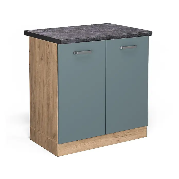 Vicco Schrankküche R-Line Blau-Grau, AP Anthrazit - Blau-Grau, Spülenunterschrank 80 cm, AP Anthrazit - Zweitüriger Schrank mit dunkelgrauer Arbeitsplatte, Holzmaserungsseiten und petrolblauen Türen mit Metallgriffen.