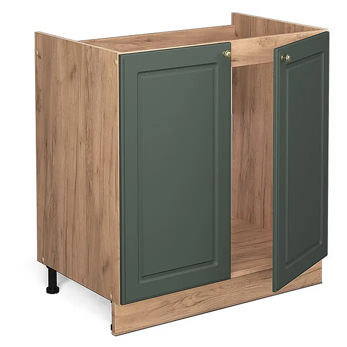 Vicco Schrankküche Fame-Line Grün-Gold Landhaus ohne Arbeitsplatte - Grün-Gold Landhaus, Spülenunterschrank 80 cm - Küchenunterschrank in Holzoptik mit dunkelgrünen Kassettentüren, eine teilweise offen.
