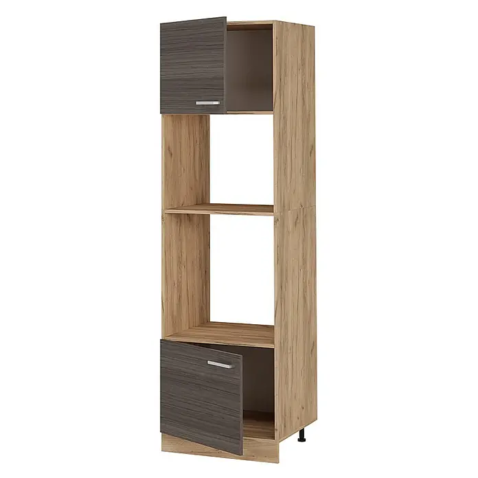 Vicco Schrankküche R-Line Edelgrau - Edelgrau, Mikrowellenschrank 60 cm - Hoher zweifarbiger Schrank mit hellem Holzrahmen, zwei offenen Fächern und zwei dunkelgrauen Türen mit silbernen Griffen, beide leicht geöffnet.