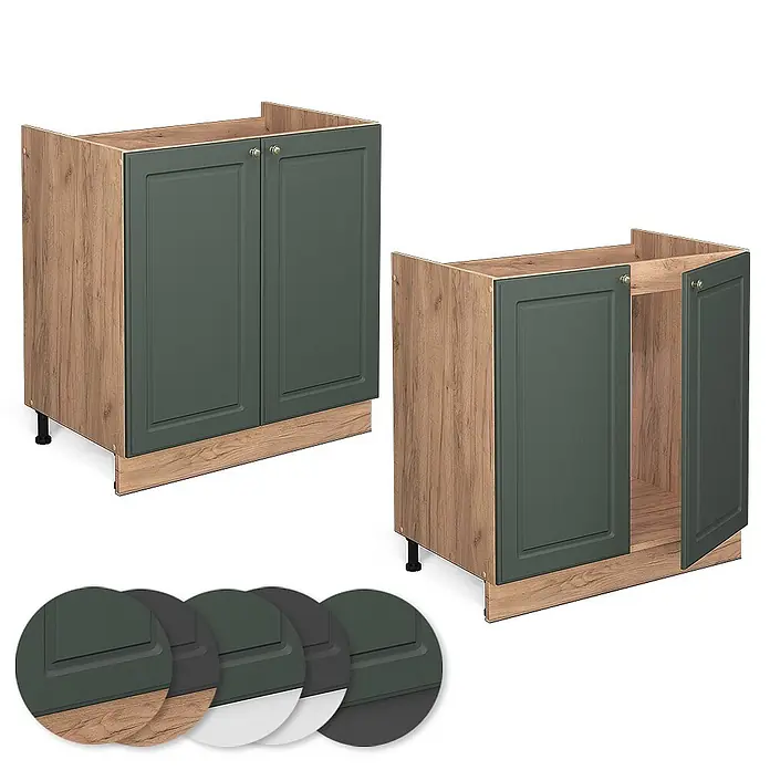 Vicco Schrankküche Fame-Line Grün-Gold Landhaus ohne Arbeitsplatte - Grün-Gold Landhaus, Spülenunterschrank 80 cm - Zwei Küchenunterschränke mit dunkelgrünen Türen und hellem Holzdekor. Farbnuancen für dunkelgrüne, graue und weiße Türoptionen sind abgebildet.