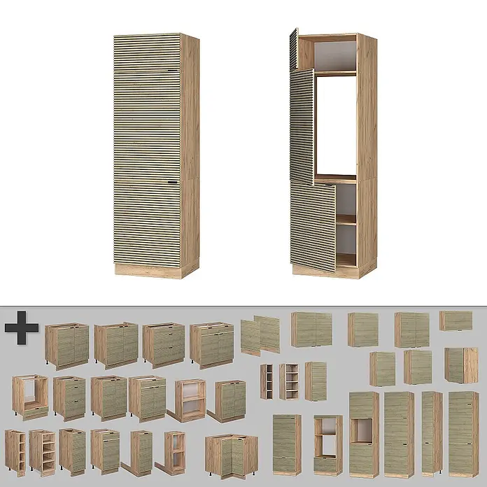 Vicco Schrankküche Fame-Line Eiche Paneel - Eiche Paneel, Kühlumbauschrank 60 cm - Küchenschränke aus hellem Holz mit beigen Lamellentüren/Schubladen, verschiedene Module und ein hoher Vorratsschrank geschlossen und offen.