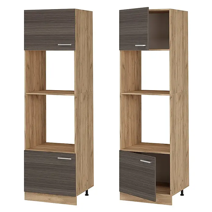 Vicco Schrankküche R-Line Edelgrau - Edelgrau, Mikrowellenschrank 60 cm - Hoher Holzmaserungsschrank: heller Rahmen, dunkelgraue Türen. Offene Regale & obere/untere Schränke offen/geschlossen.