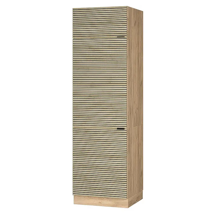 Vicco Schrankküche Fame-Line Eiche Paneel - Eiche Paneel, Kühlumbauschrank 60 cm - Hoher hellbrauner Schrank mit Lamellenfront im Akustikpaneel-Stil und schwarzen Griffen.