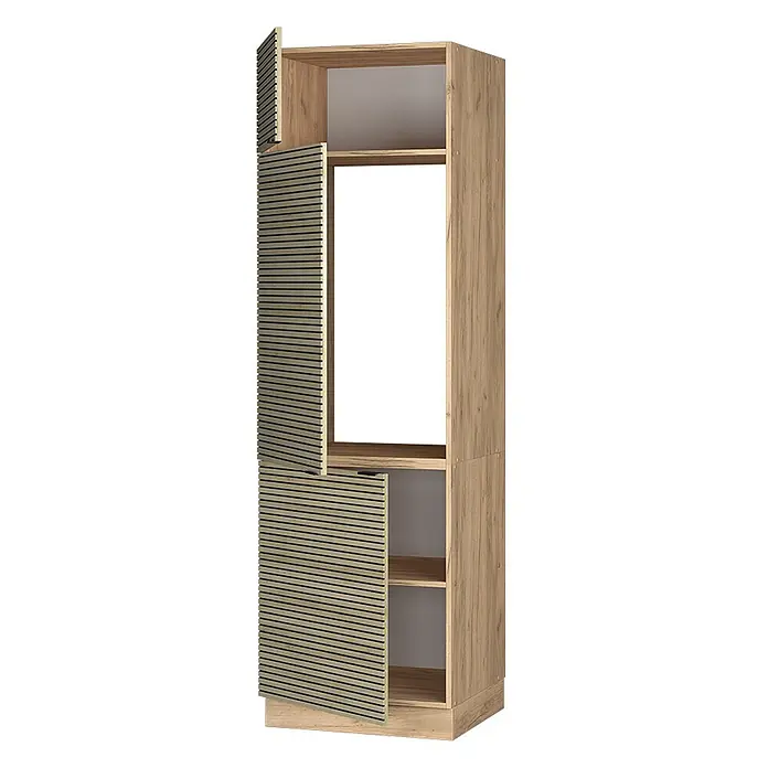 Vicco Schrankküche Fame-Line Eiche Paneel - Eiche Paneel, Kühlumbauschrank 60 cm - Hoher hellbrauner Holzschrank mit offenen Fächern und Lamellentüren.