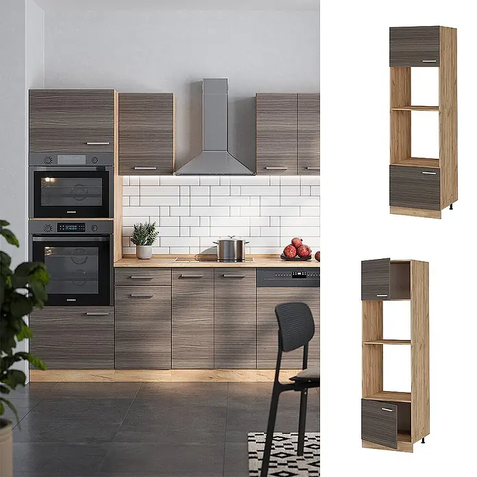 Vicco Schrankküche R-Line Edelgrau - Edelgrau, Mikrowellenschrank 60 cm - Hoher Küchenschrank mit heller Holzoptik, zwei offenen Fächern und zwei geschlossenen Fächern in dunkler Holzmaserung.
