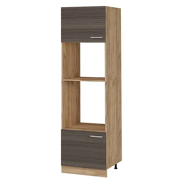 Vicco Schrankküche R-Line Edelgrau - Edelgrau, Mikrowellenschrank 60 cm - Hoher Hochschrank mit hellem Holzrahmen, dunklen Holztüren oben und unten sowie offenen Fächern.