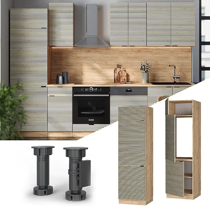 Vicco Schrankküche Fame-Line Eiche Paneel - Eiche Paneel, Kühlumbauschrank 60 cm - Moderne Küche mit Lamellenfronten in Holzoptik und Hochschrank, sowie verstellbaren schwarzen Möbelfüßen.