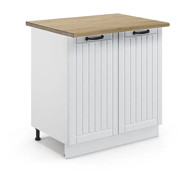 Küchenunterschrank Fame-Line 80 cm Weiß Landhaus Art.-Nr. 45688 -  - Weißer Unterschrank mit heller Holzoptik-Arbeitsplatte und zwei gerippten Türen mit schwarzen Griffen, auf verstellbaren Füßen.
