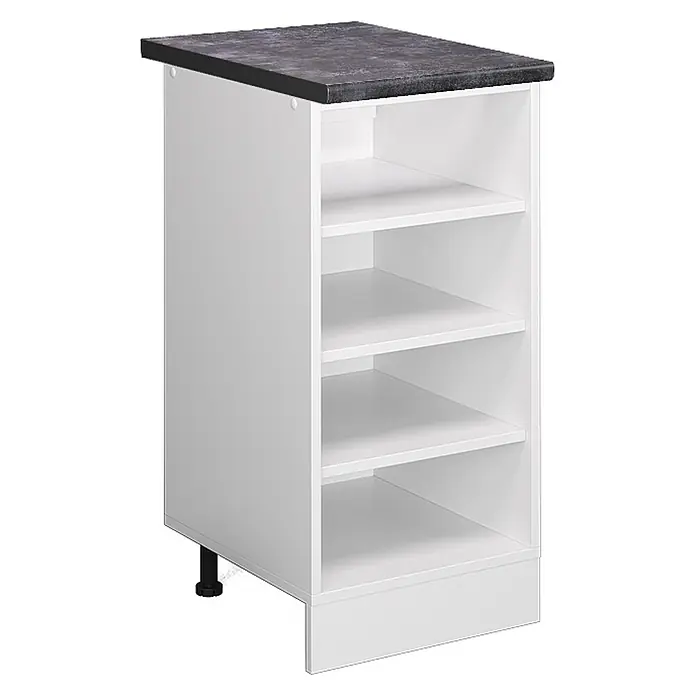 Vicco Schrankküche R-Line Weiß, AP Anthrazit - Weiß, Regalunterschrank 40 cm, AP Anthrazit - Weißer Küchenunterschrank mit offenen Regalen und dunkelgrauer Arbeitsplatte, verstellbarer Fuß.
