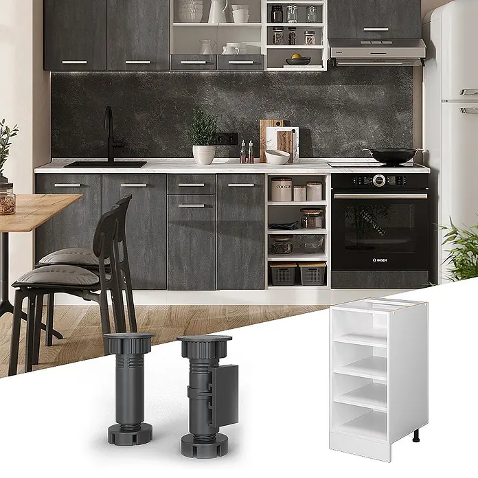 Vicco Schrankküche R-Line Weiß, AP Eiche - Weiß, Regalunterschrank 40 cm, AP Eiche - Dunkelgraue Küchenschränke mit verstellbaren schwarzen Beinen und einem weißen offenen Regal, die modulare Küchenkomponenten zeigen.