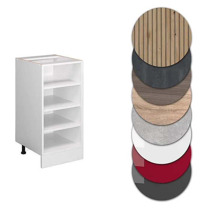 Vicco Schrankküche R-Line Weiß, AP Eiche - Weiß, Regalunterschrank 40 cm, AP Eiche - Weißer Küchenunterschrank mit Einlegeböden, daneben runde Muster für Holz-, Stein- und Farbdekore.