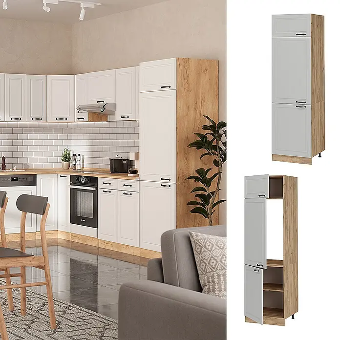 Vicco Schrankküche R-Line Weiß Landhaus - Weiß Landhaus, Kühlumbauschrank 60 cm - Hoher zweifarbiger Küchenschrank mit hellgrauen Türen und Holzdekorrahmen, geschlossen und mit internen Staufächern gezeigt.
