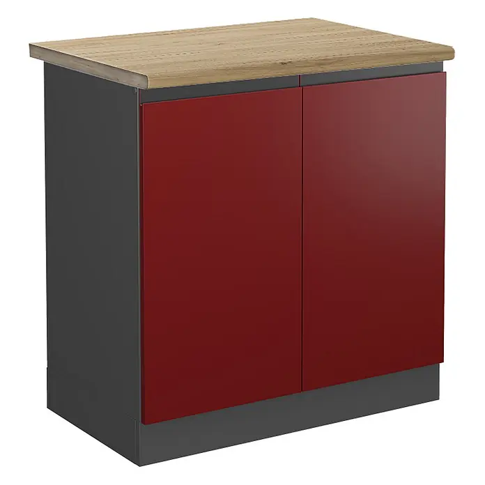 Vicco Spülenunterschrank R-Line, Rot, 80 cm -  - Küchenunterschrank mit roten Türen, dunkelgrauem Korpus und heller Holzoptik-Arbeitsplatte.