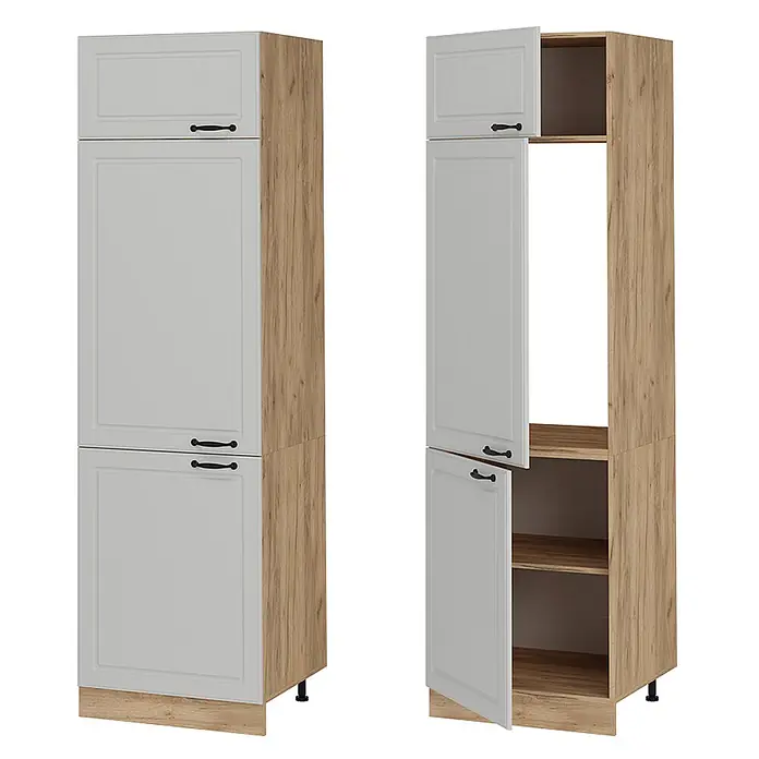 Vicco Schrankküche R-Line Weiß Landhaus - Weiß Landhaus, Kühlumbauschrank 60 cm - Hoher Küchenschrank in Hellgrau und Holzmaserung mit geschlossenen und geöffneten Türen, zeigt Innenfächer.