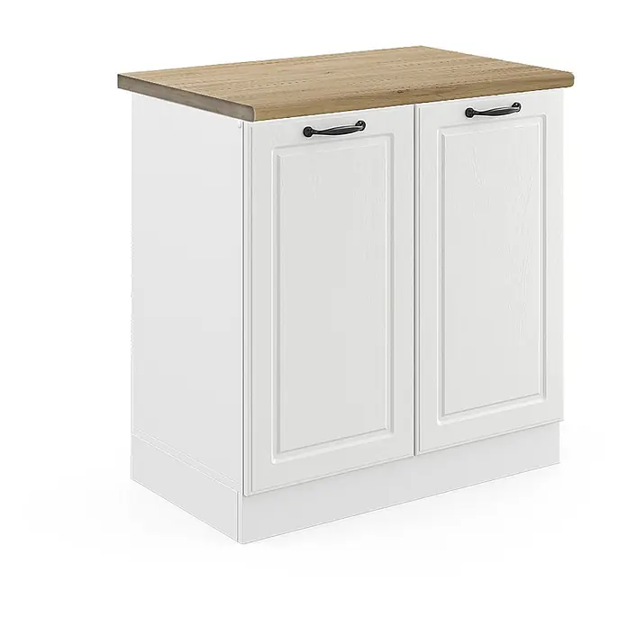 Vicco Schrankküche R-Line Weiß Landhaus, AP Eiche - Weiß Landhaus, Spülenunterschrank 80 cm - Weißer Unterschrank mit zwei Türen, heller Holzplatte und schwarzen Griffen.