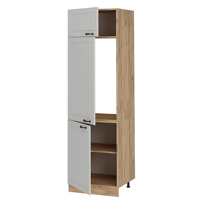 Vicco Schrankküche R-Line Weiß Landhaus - Weiß Landhaus, Kühlumbauschrank 60 cm - Hoher Schrank aus hellem Holz mit drei hellgrauen Türen, zwei teils offen, und einem offenen Mittelfach, ideal für Küchen.