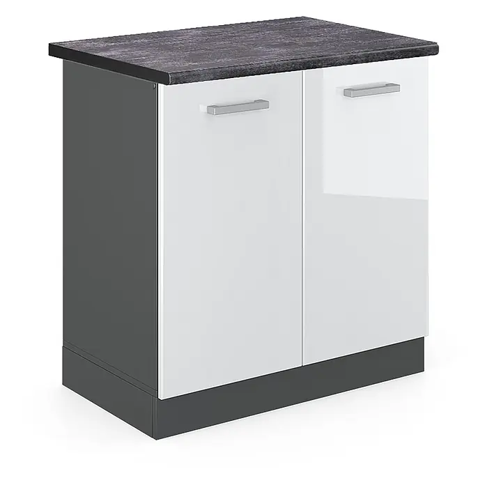 Vicco Schrankküche R-Line Weiß Hochglanz, AP Anthrazit - Weiß Hochglanz, Spülenunterschrank 80 cm - Zweitüriger Schrank mit dunkelgrauem Korpus, weißen Hochglanztüren, silbernen Griffen und dunkler Arbeitsplatte.