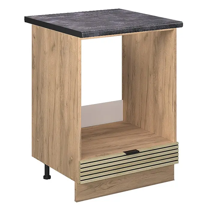 Vicco Schrankküche Fame-Line Eiche Paneel, AP Anthrazit - Eiche Paneel, Herdumbauschrank 60 cm, AP Anthrazit - Heller Holz-Unterschrank mit dunkler Arbeitsplatte, offenem Fach und Lamellenschublade.