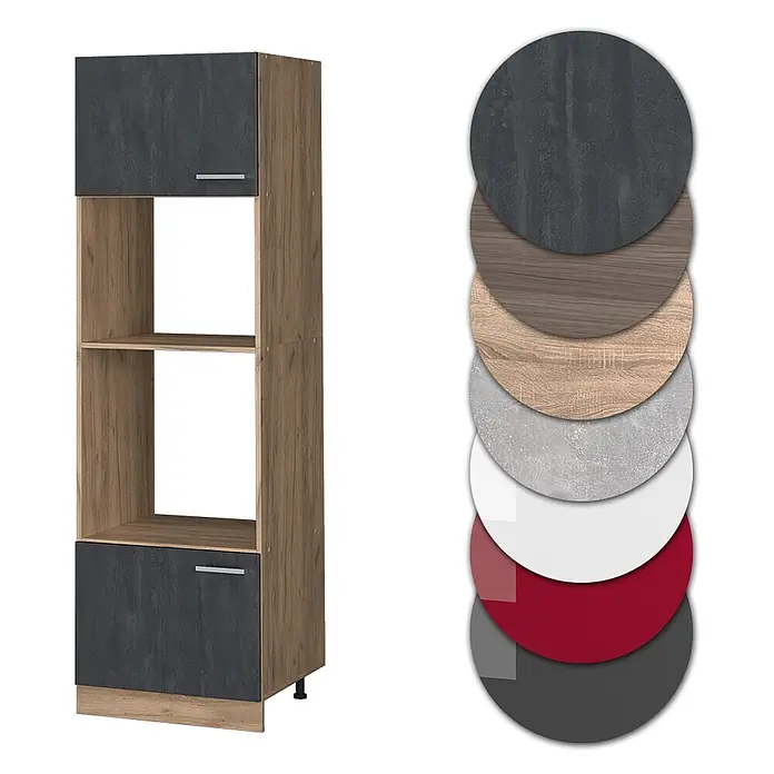 Vicco Mikrowellenschrank R-Line, Schwarz Beton, 60 cm -  - Hoher Küchenschrank mit Holzrahmen, zwei dunkelgrauen Strukturtüren und offenen Regalen. Materialmuster zur Anpassung.