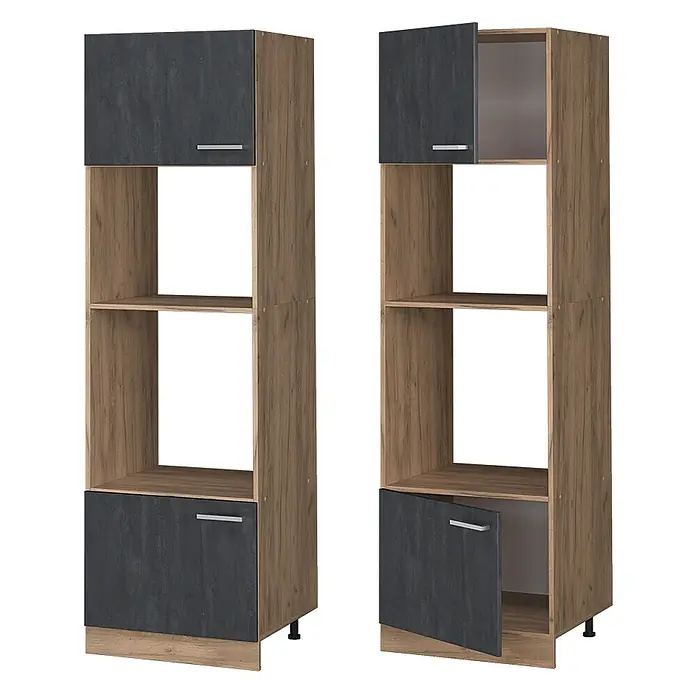 Vicco Mikrowellenschrank R-Line, Schwarz Beton, 60 cm -  - Hoher Eichen-Effekt-Aufbewahrungsschrank mit dunkelgrauen Türen und offenen Regalen. Gezeigt mit geschlossenen und offenen Türen.