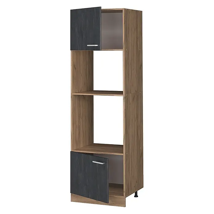 Vicco Mikrowellenschrank R-Line, Schwarz Beton, 60 cm -  - Hohes Regal in Holzoptik mit dunkelgrauen Türen und offenen Fächern.